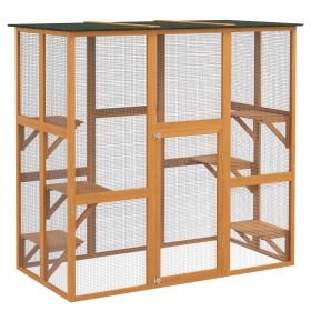 PawHut Large Outdoor Cat House, Wooden Feral Cat Shelter Enclosure, 71" L, with Interior Ledges & Asphalt Roof, Orange