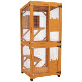 PawHut Wooden Cat House for 1-3 Cats Catio Enclosure on Wheels Easy to Move Orange