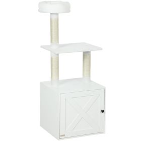 PawHut Cat Tree with Litter Box Enclosure, Scratching Posts, Bed, Climbing Platforms for Indoor Cats, White