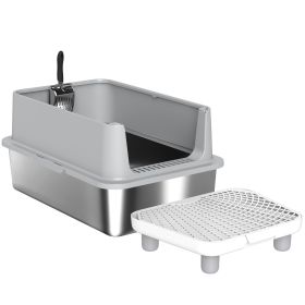 PawHut Extra Large Stainless Steel Cat Litter Box with Scoop & Pad, Anti-Urine Leakage, Easy Cleaning, Non-Sticky
