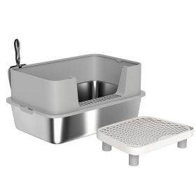 PawHut Stainless Steel Litter Box with High Sides, Metal Cat Litter Box with Scoop, Pedal, Anti-Urine Leakage, Non-Sticky