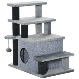 PawHut Adjustable Height 3 Step/4 Step Cat Stairs with Cat Scratching Post, Cat Condo, Toy Ball, for Bed, Sofa, Couch, Gray