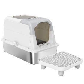 PawHut Extra Large Stainless Steel Litter Box, Enclosed Cat Litter Box with Scoop, Deodorizer Bag, Sand Drop Pedal