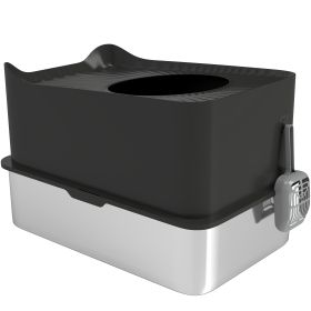 PawHut Extra Large Stainless Steel Litter Box, Enclosed Cat Litter Box with Scoop, Top Entrance, Non-slip Pads, Black