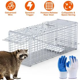 Live Animal Trap Cage 37x14x15in Folding Catch And Release Humane Cat Trap Galvanized Iron For Raccoons Foxes Coyotes Stray Dogs Armadillos Squir (Color: Silver)