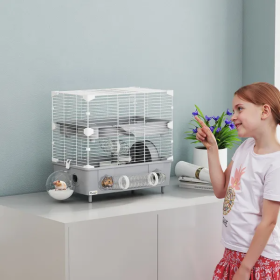 2-Tier Hamster Cage With Sand Bathroom, Running Wheel, Water Bottle (Color: Grey)