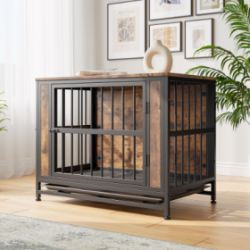 Dog Crate Furniture  Wooden Dog Crate Table 32.8 Dog Kennel With 2 Sliding Doors And Thick Iron Door Frame  Decorative Pet Crate House For Medium (Option: Black Brown)