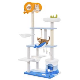 Multi-level Ocean-themed Cat Tree Tower with Sisal Covered Scratching Posts (Color: Blue)